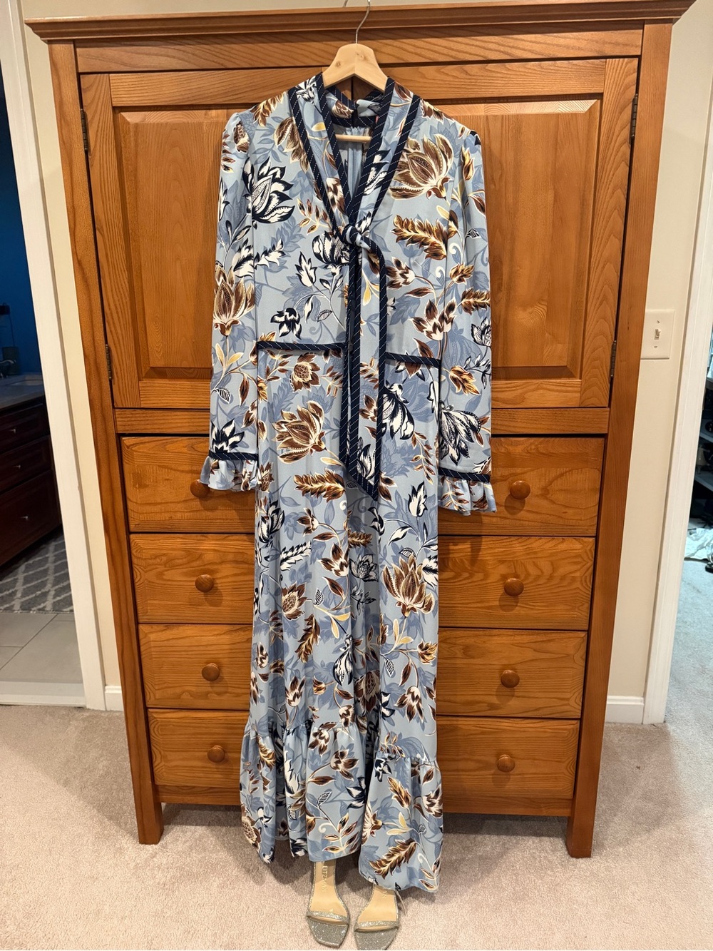 Light Blue Floral Tie-Neck Maxi Dress